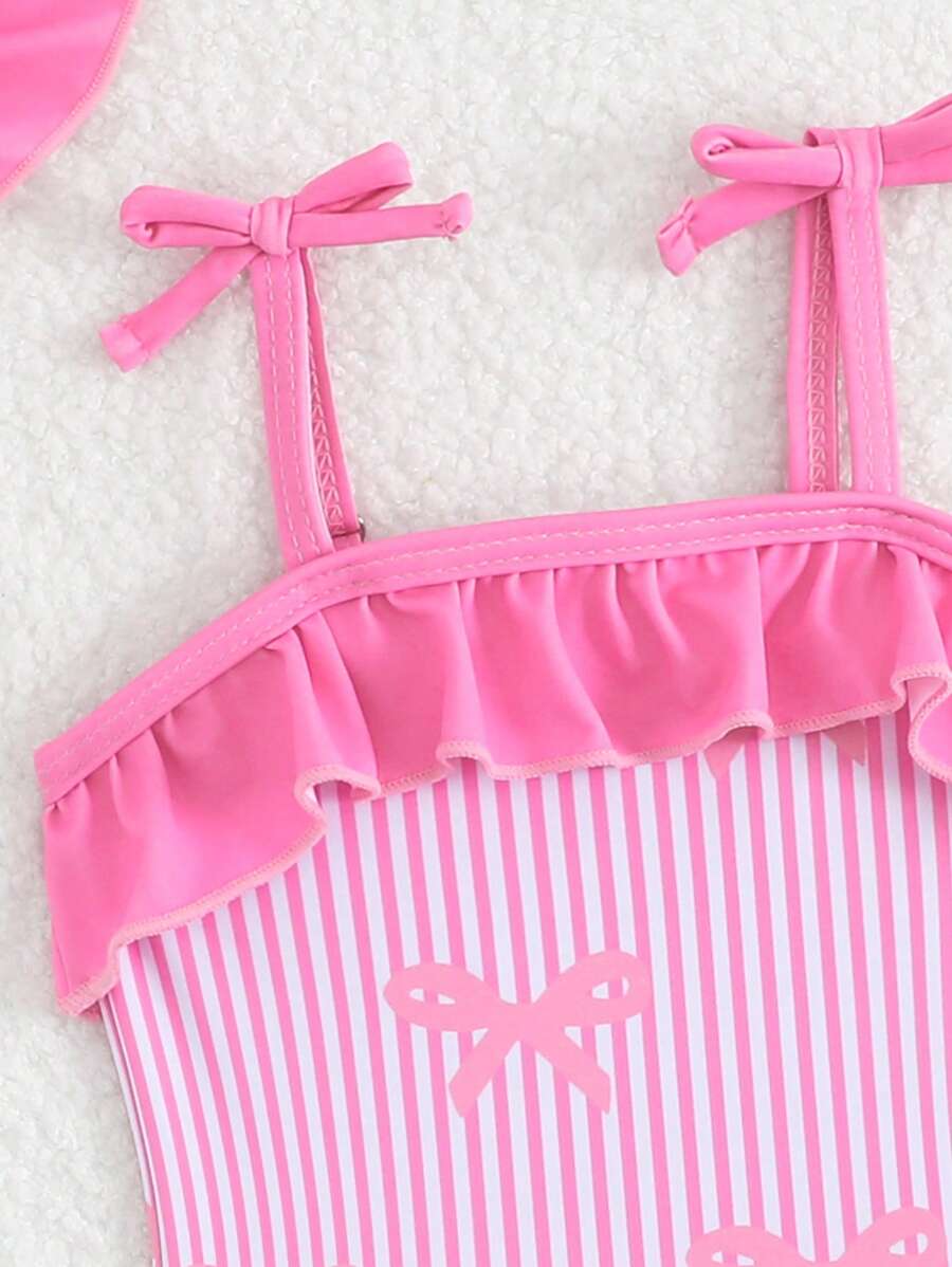 Baby Bow Print Two-Piece Swimsuit Set with Adjustable Straps and Matching Hat