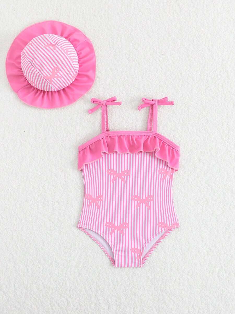 Baby Bow Print Two-Piece Swimsuit Set with Adjustable Straps and Matching Hat