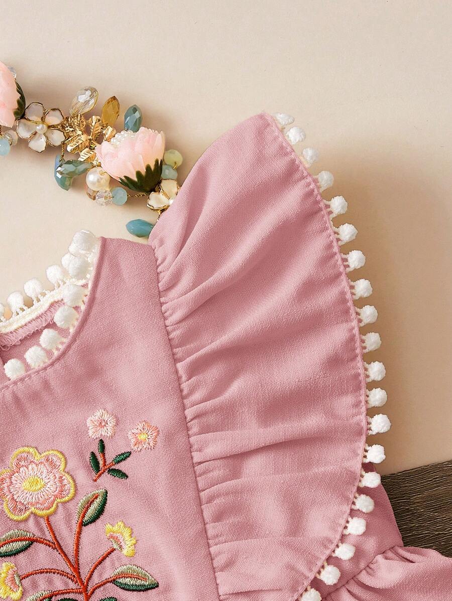 Embroidered Bow Decor Baby Girl Ruffle Sleeve Bodysuit for Everyday Wear