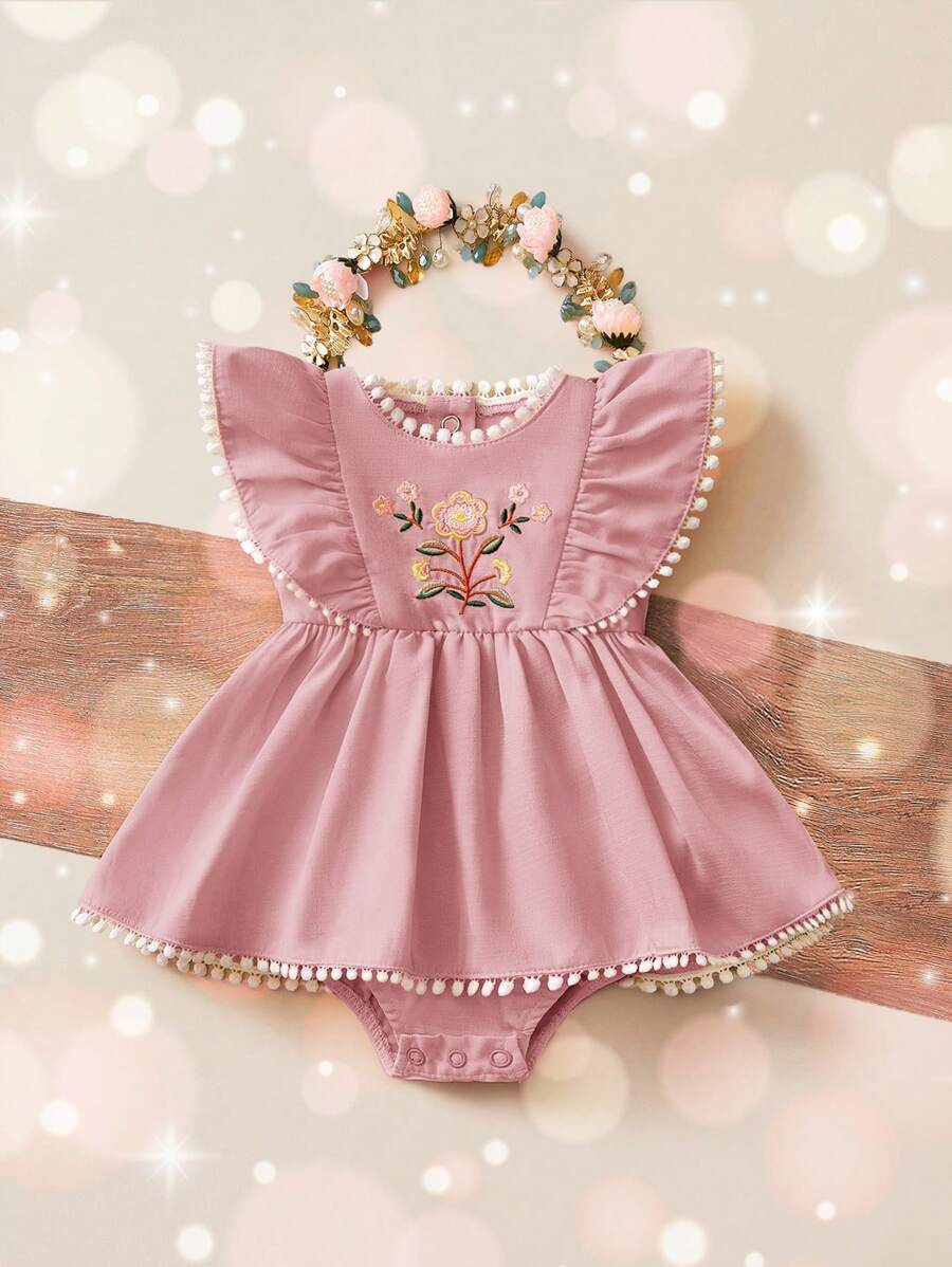 Embroidered Bow Decor Baby Girl Ruffle Sleeve Bodysuit for Everyday Wear