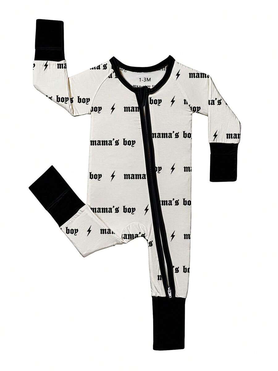 Baby Boy Bamboo Fiber Zip Up Romper - Skinny Fit Mama's Boy Printed All Season Knit Jumpsuit