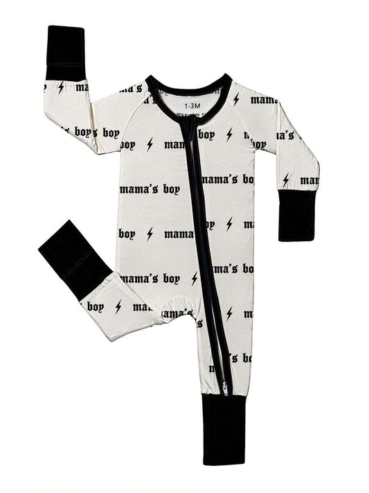 Baby Boy Bamboo Fiber Zip Up Romper - Skinny Fit Mama's Boy Printed All Season Knit Jumpsuit