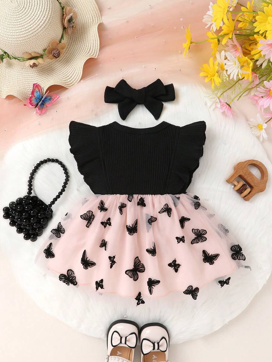 Toddler Girls Embroidered Mesh Dress And Headband Set Cute Vacation Party Outfit