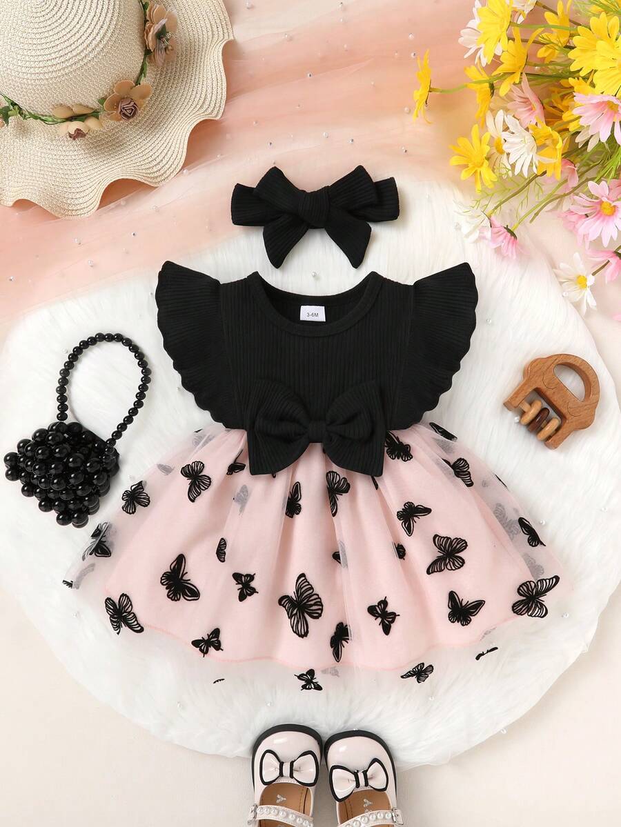 Toddler Girls Embroidered Mesh Dress And Headband Set Cute Vacation Party Outfit