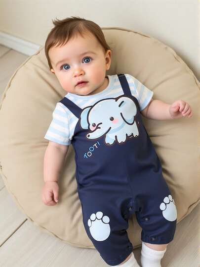 Baby Elephant Print Suspender Jumpsuit for Daily Wear and Cute Summer Photoshoots
