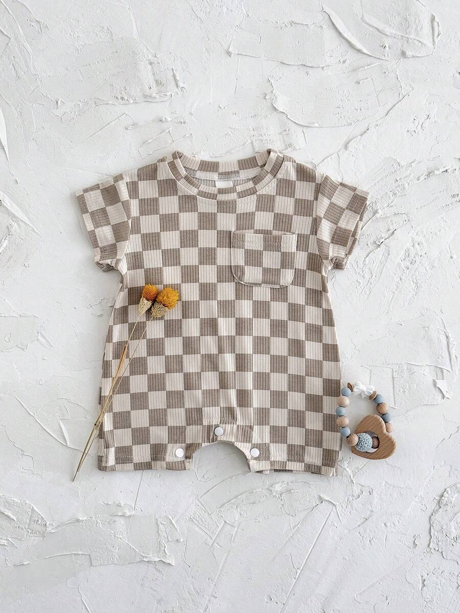 Summer Baby Boys And Girls One Piece Outfit Checkerboard Style
