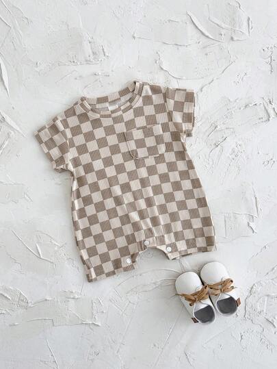 Summer Baby Boys And Girls One Piece Outfit Checkerboard Style