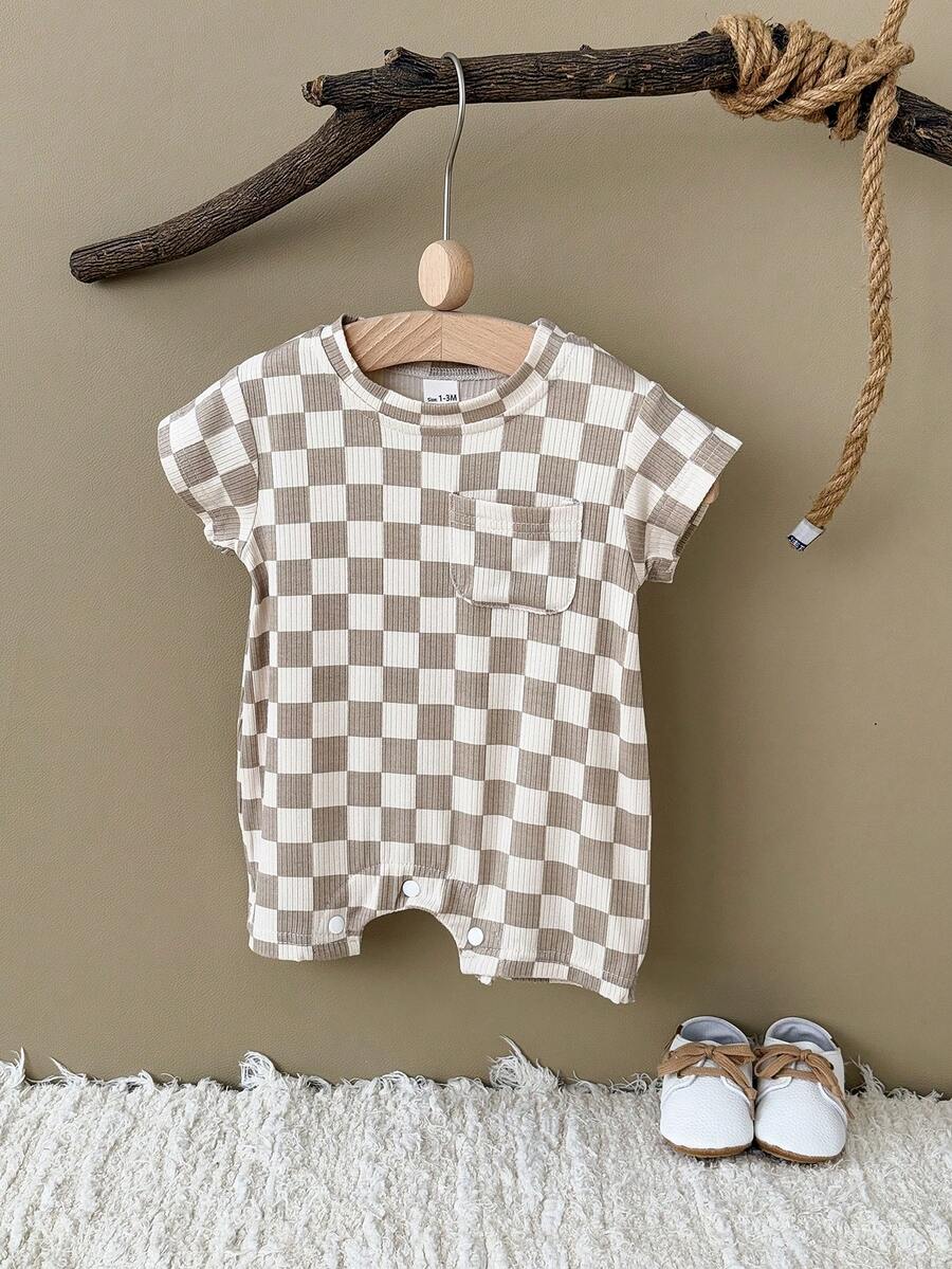 Summer Baby Boys And Girls One Piece Outfit Checkerboard Style