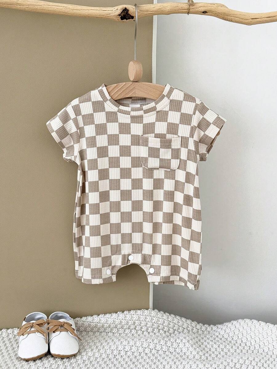 Summer Baby Boys And Girls One Piece Outfit Checkerboard Style