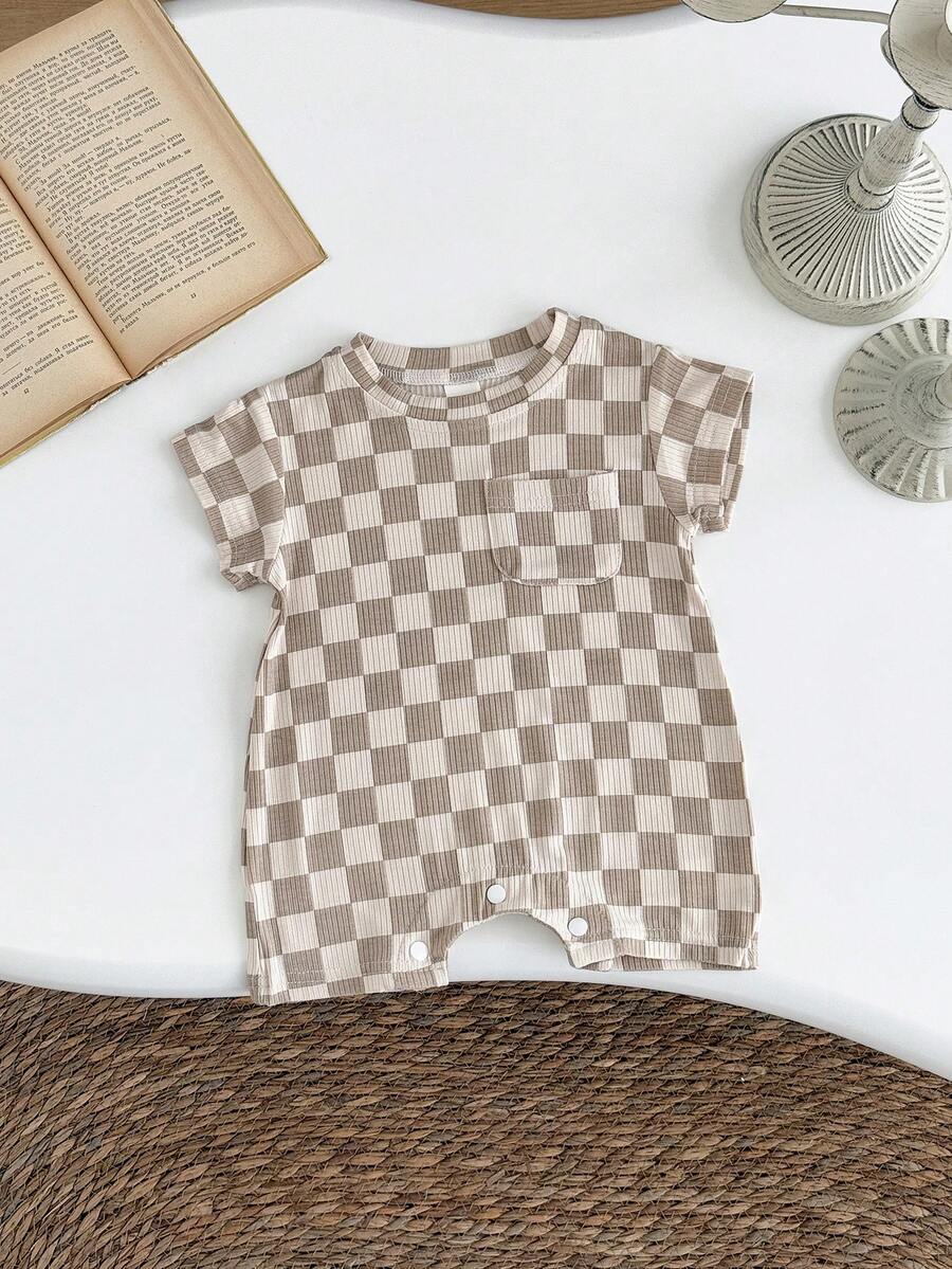 Summer Baby Boys And Girls One Piece Outfit Checkerboard Style