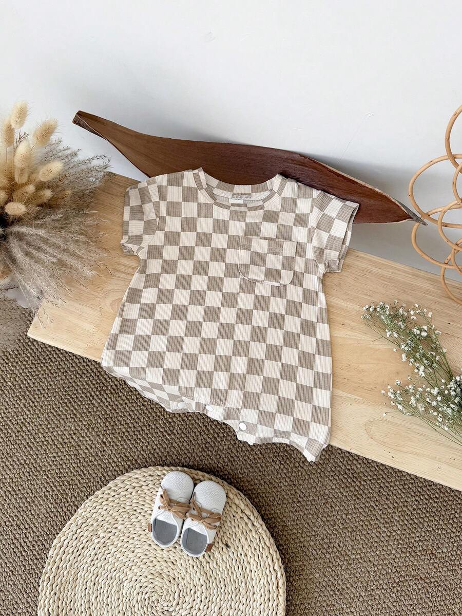 Summer Baby Boys And Girls One Piece Outfit Checkerboard Style