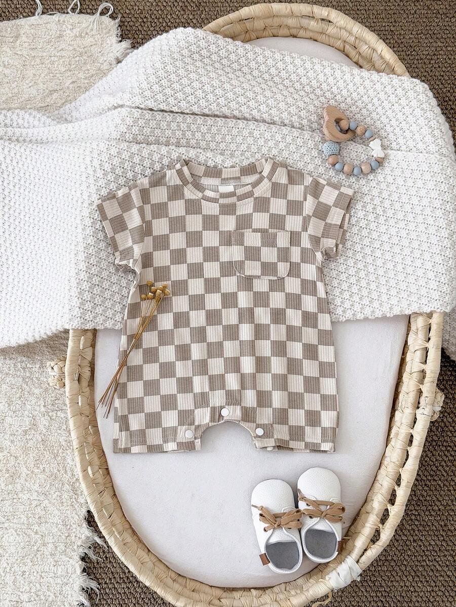 Summer Baby Boys And Girls One Piece Outfit Checkerboard Style