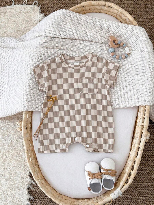 Summer Baby Boys And Girls One Piece Outfit Checkerboard Style