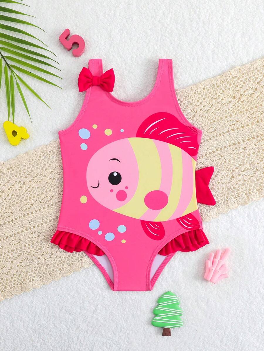 Baby Girls Bow Decor One Piece Swimsuit Cute Beach Vacation Swimwear
