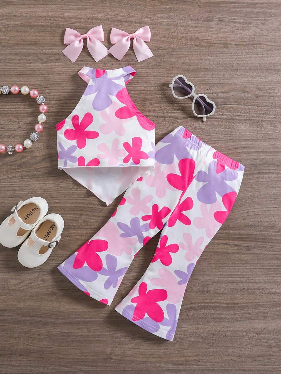 Tropical Vacation Sleeveless Top and Flared Pants 2-Piece Set for Toddler Girls