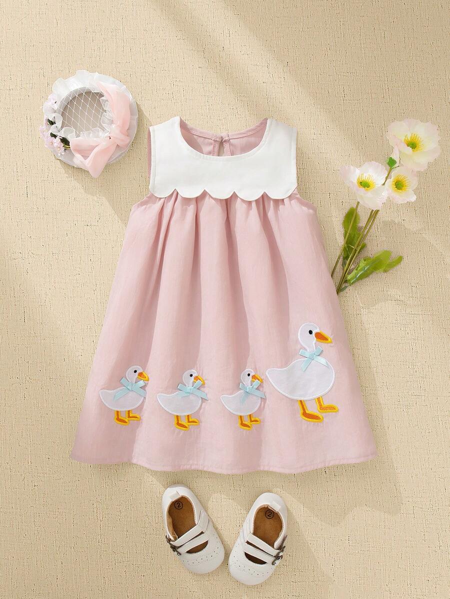 Sleeveless Long Dress with Embroidered Cartoon Duck for Toddler Girls