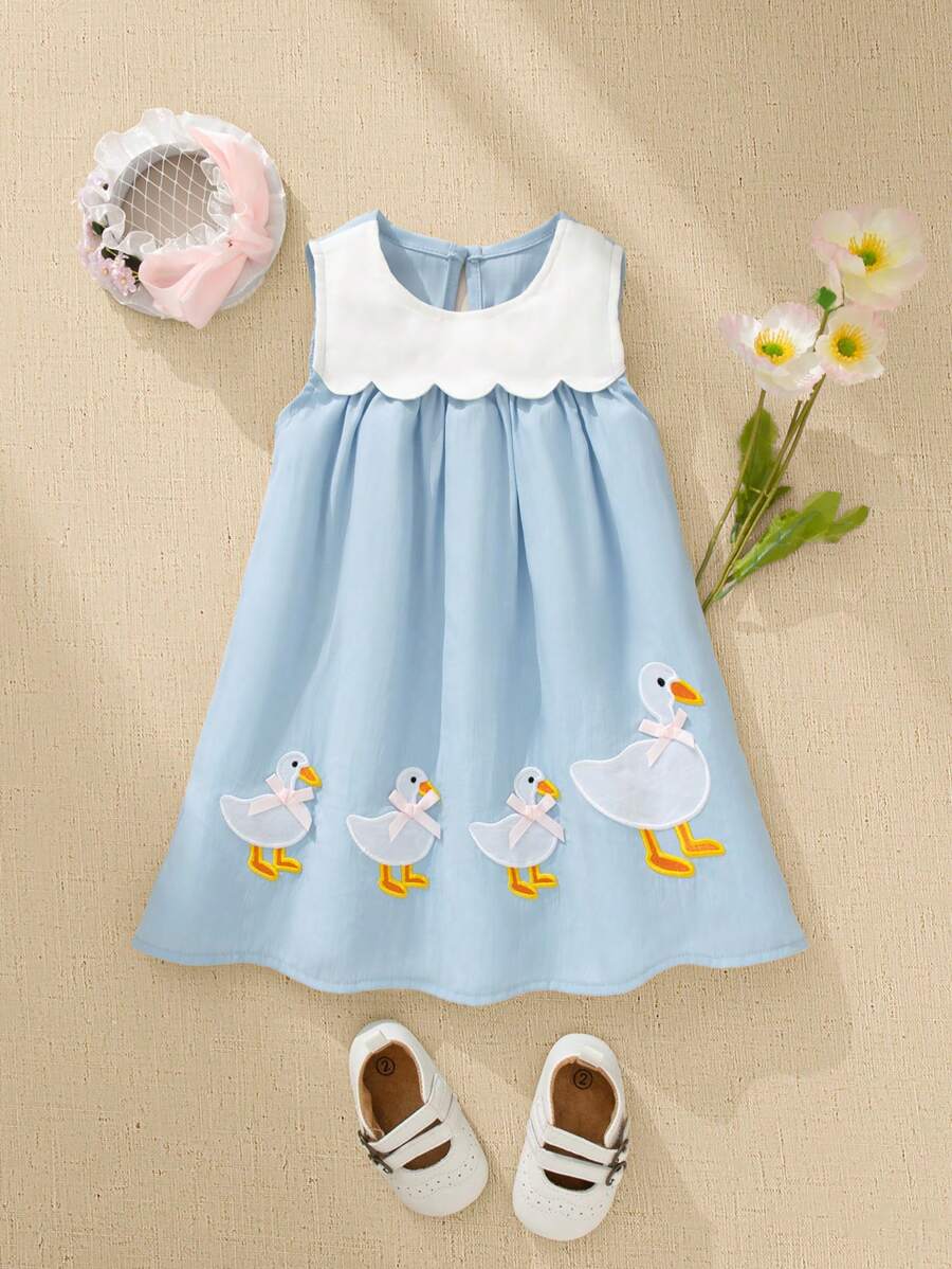 Sleeveless Long Dress with Embroidered Cartoon Duck for Toddler Girls
