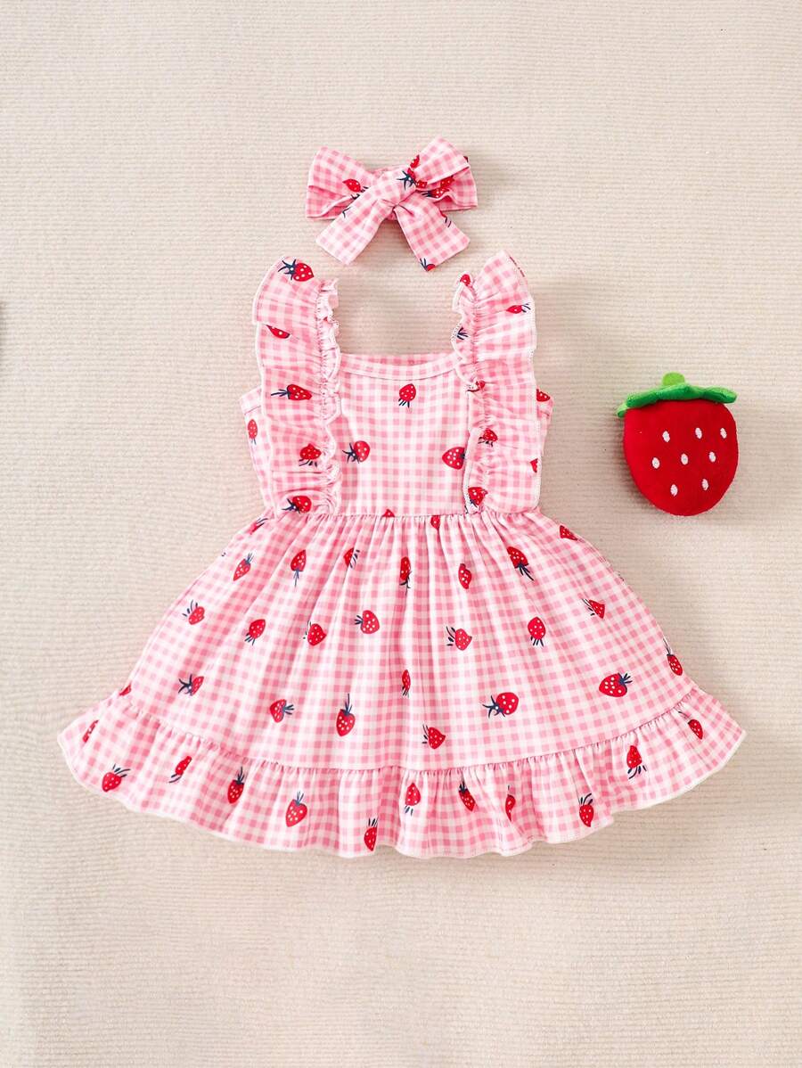 2PCS Baby Strawberry Plaid Dress and Bow Headband Set for Cute Spring and Summer Outings
