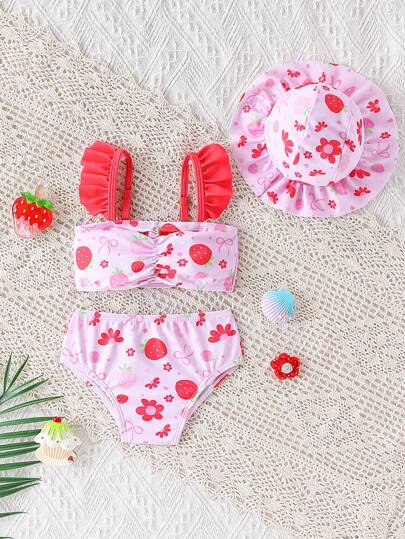3PCS Baby Strawberry Print Beach Outfit Set with Floral Trim Sun Hat