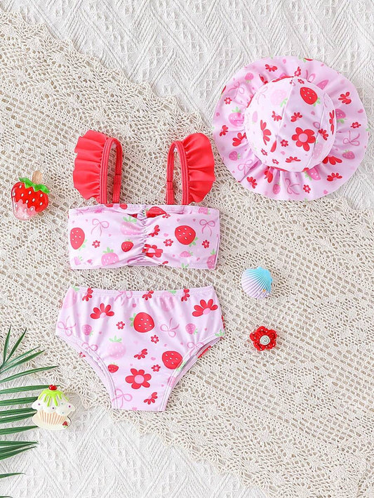 3PCS Baby Strawberry Print Beach Outfit Set with Floral Trim Sun Hat