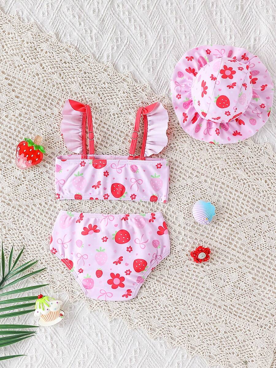 3PCS Baby Strawberry Print Beach Outfit Set with Floral Trim Sun Hat