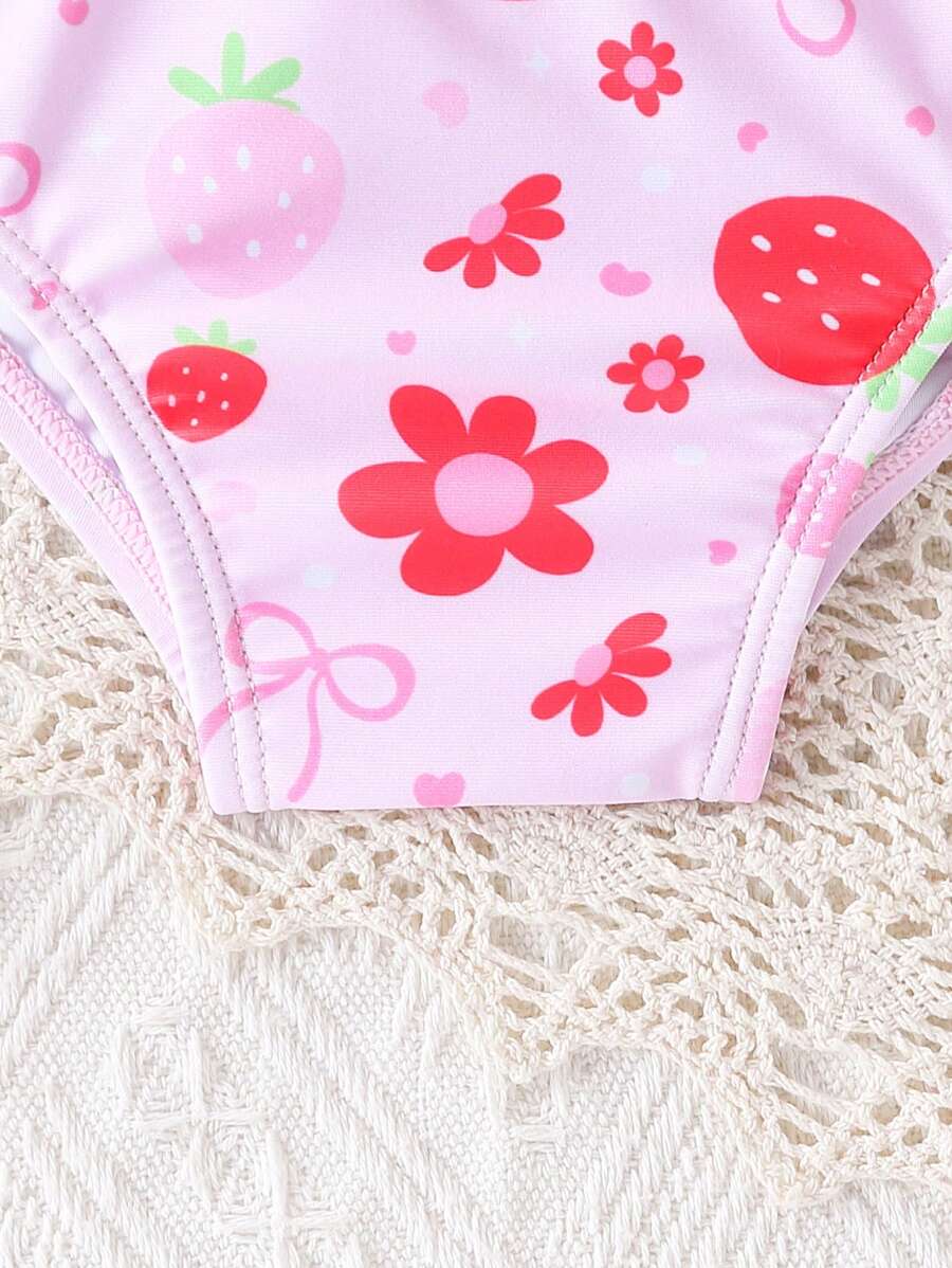 3PCS Baby Strawberry Print Beach Outfit Set with Floral Trim Sun Hat