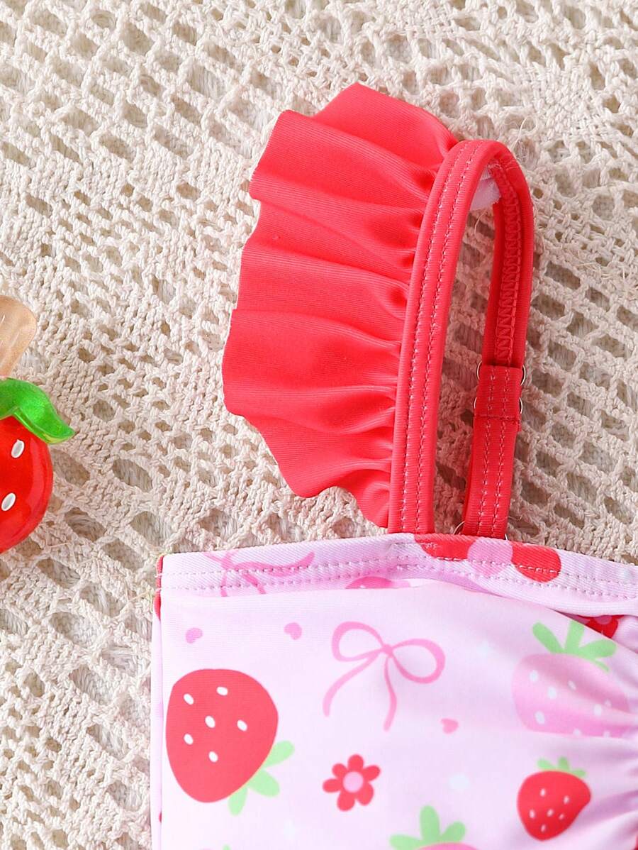 3PCS Baby Strawberry Print Beach Outfit Set with Floral Trim Sun Hat