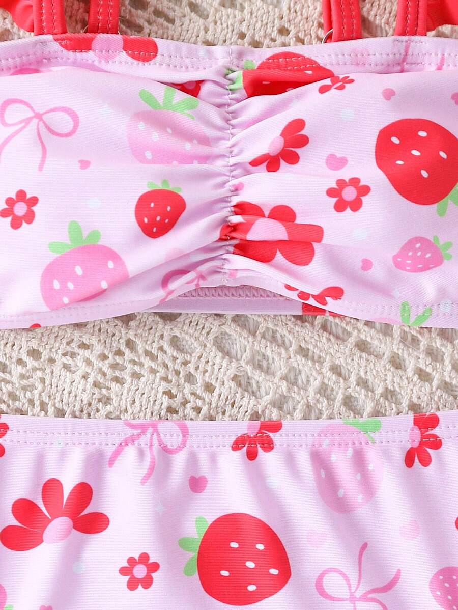 3PCS Baby Strawberry Print Beach Outfit Set with Floral Trim Sun Hat