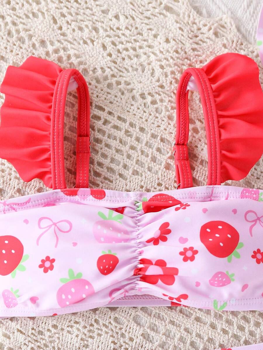 3PCS Baby Strawberry Print Beach Outfit Set with Floral Trim Sun Hat