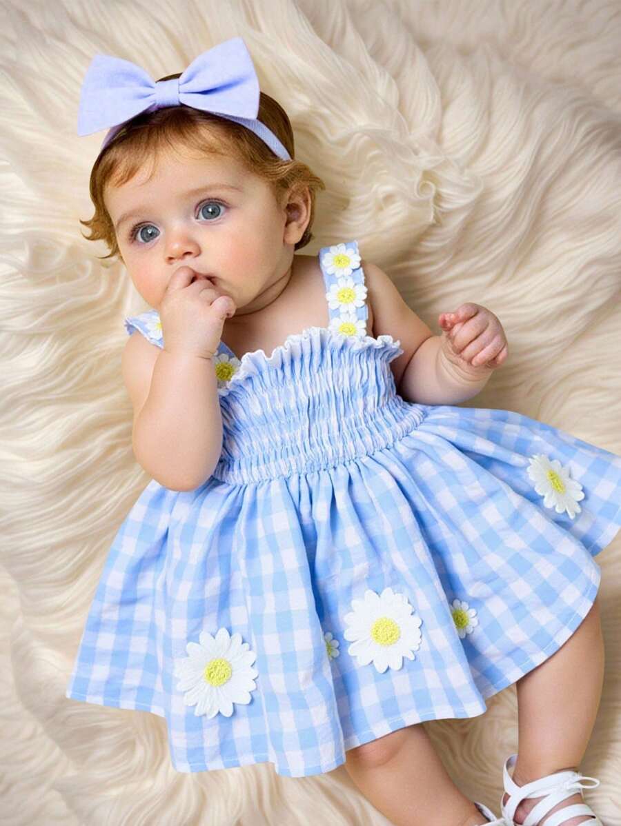 Baby Blue Plaid Floral Embroidered Cami Dress for Cute Spring and Summer Outings
