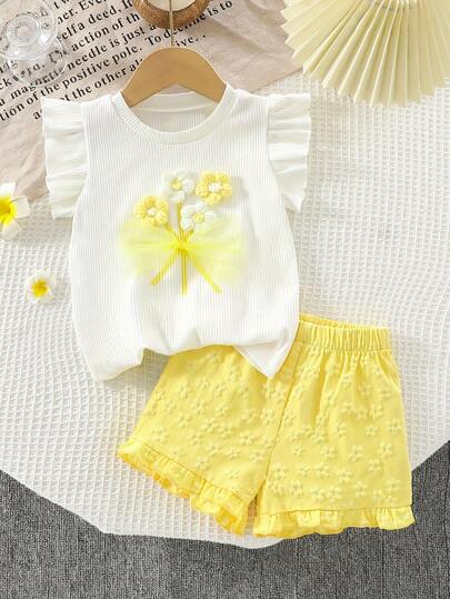 Young Girls 3D Flower Decor Tank Top and Yellow Floral Hem Shorts 2 Piece Summer Set