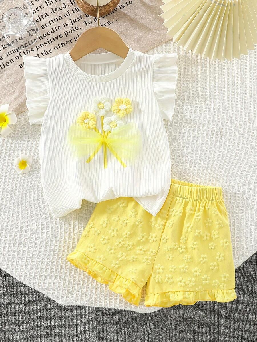 Young Girls 3D Flower Decor Tank Top and Yellow Floral Hem Shorts 2 Piece Summer Set