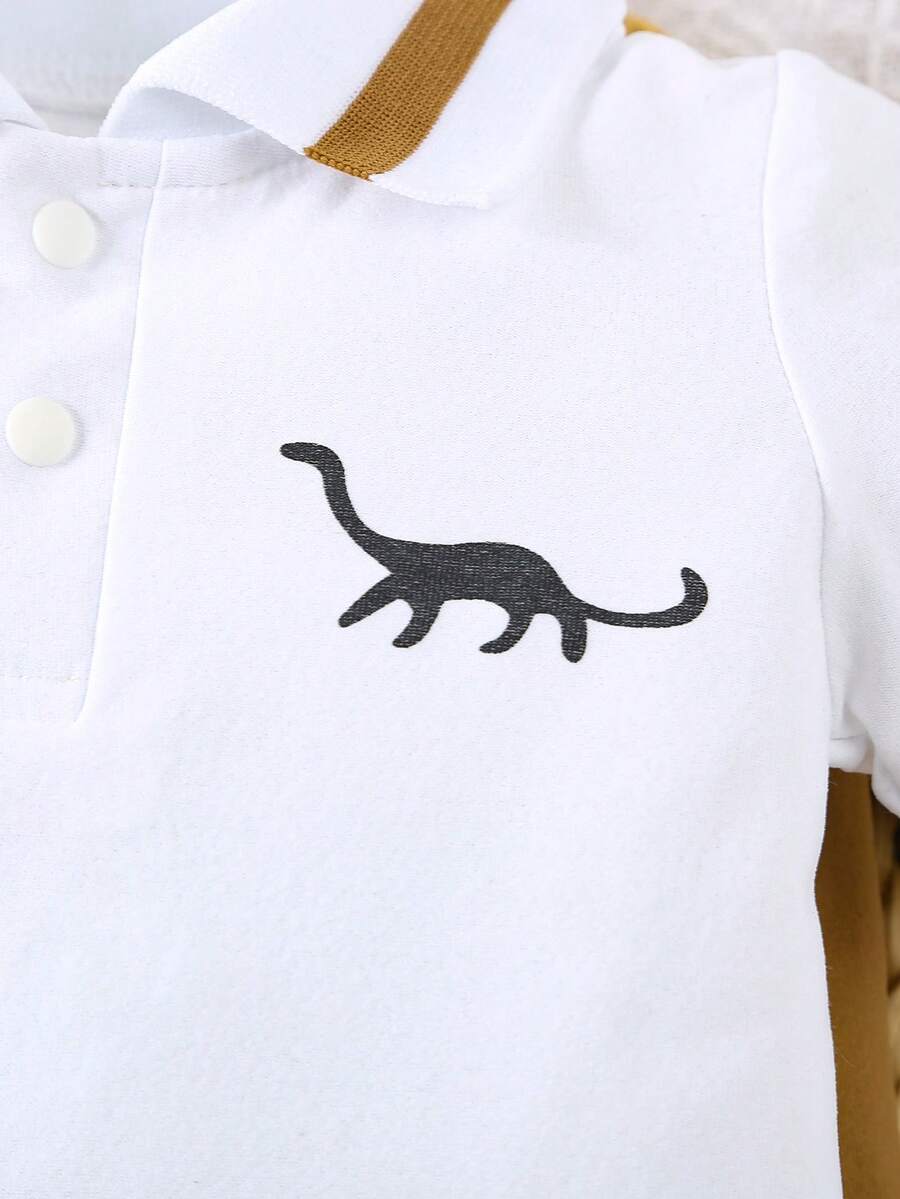 Toddler Boy Dinosaur Print Polo Collar Short Sleeve Romper 2 Piece Summer Outfit Set