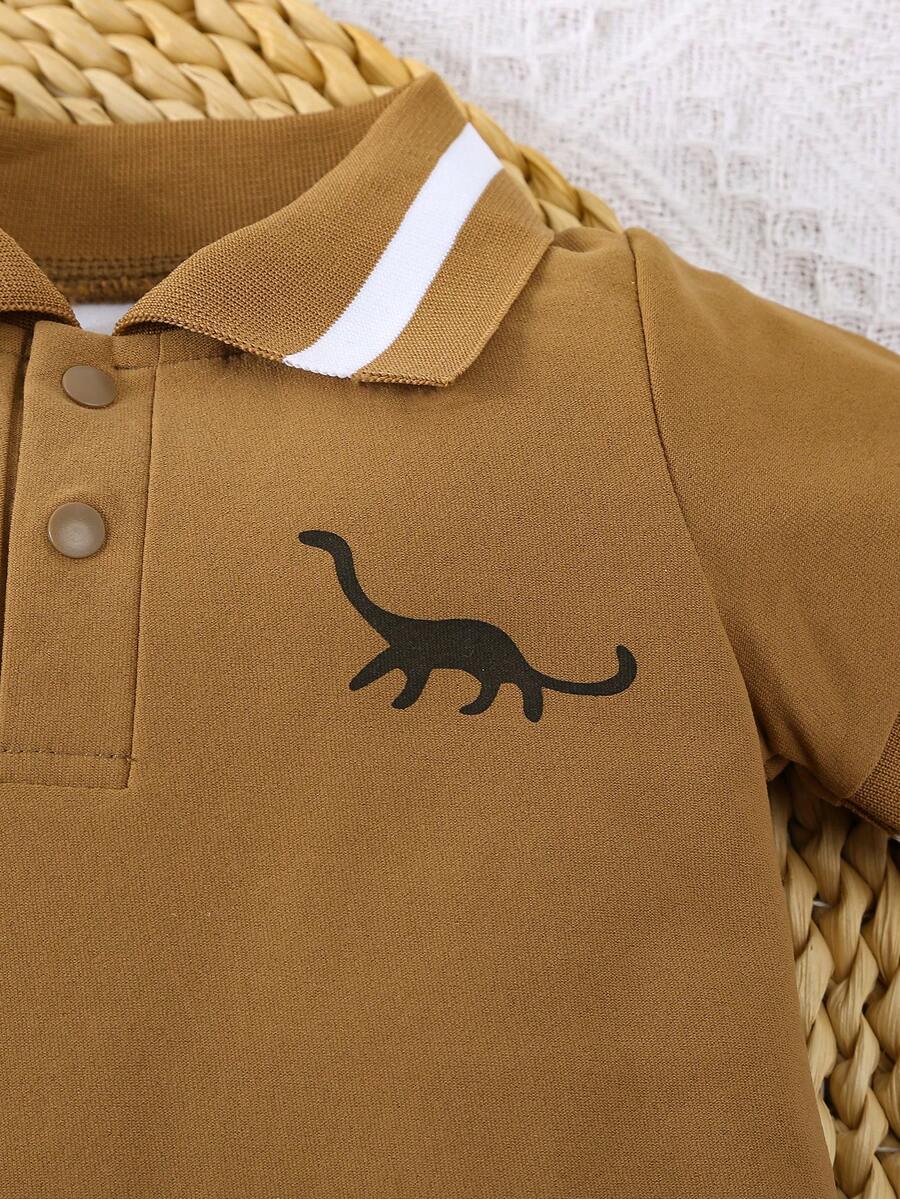Toddler Boy Dinosaur Print Polo Collar Short Sleeve Romper 2 Piece Summer Outfit Set