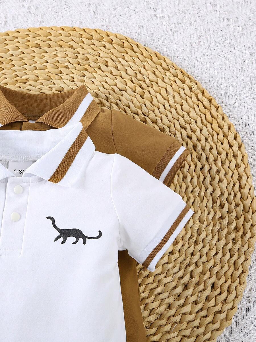 Toddler Boy Dinosaur Print Polo Collar Short Sleeve Romper 2 Piece Summer Outfit Set