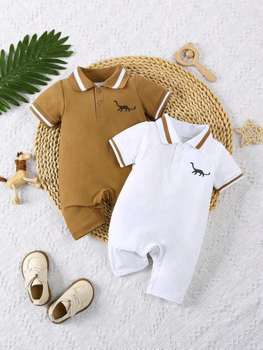 Toddler Boy Dinosaur Print Polo Collar Short Sleeve Romper 2 Piece Summer Outfit Set