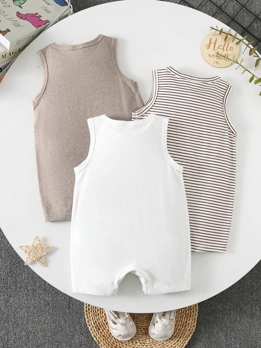 Unisex Baby Solid Color Soft Knit Sleeveless Romper 3 Piece Outfit Set