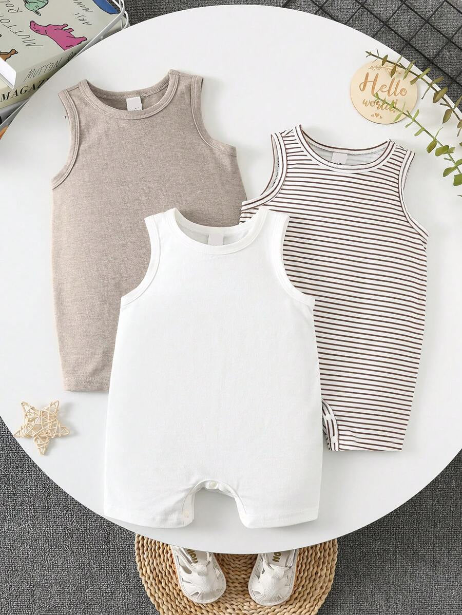Unisex Baby Solid Color Soft Knit Sleeveless Romper 3 Piece Outfit Set