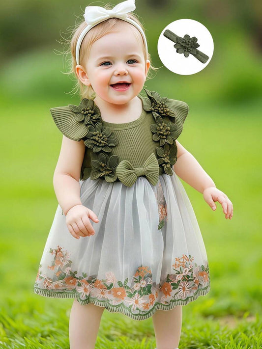 Mesh Tulle Flower Embroidered Dress Romper with Headband for Baby Girls