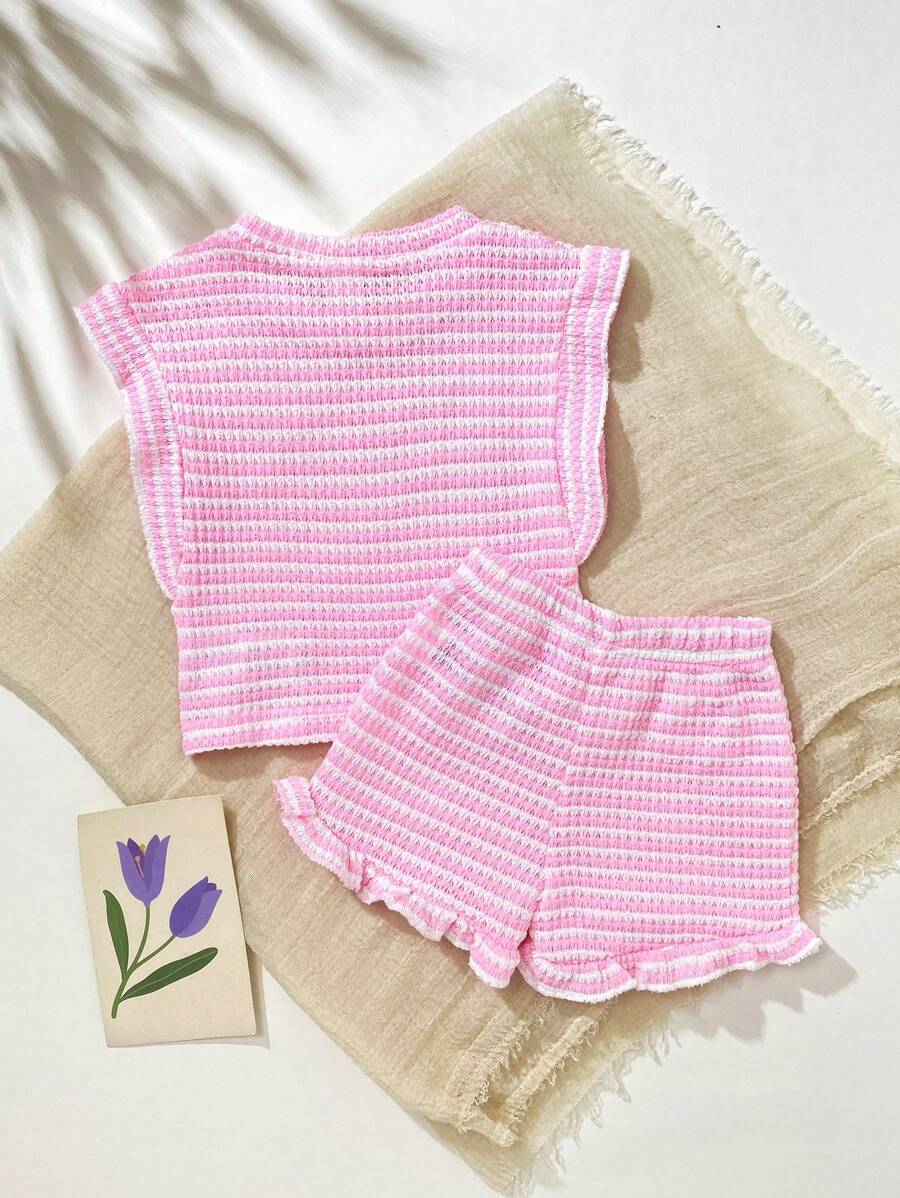 Baby Girl Black & White Striped Ruffle Sleeve T-Shirt & Shorts Set