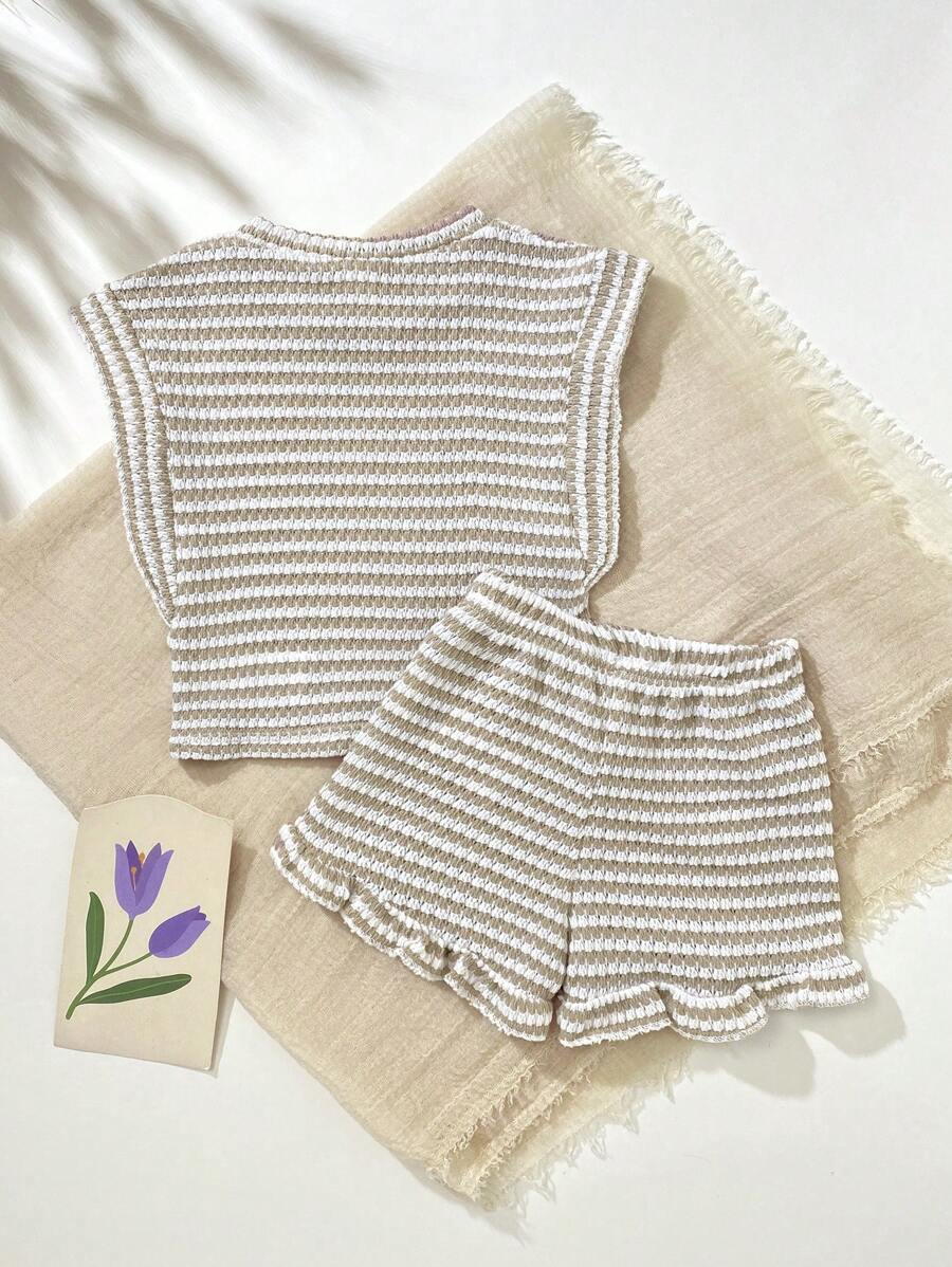 Baby Girl Black & White Striped Ruffle Sleeve T-Shirt & Shorts Set