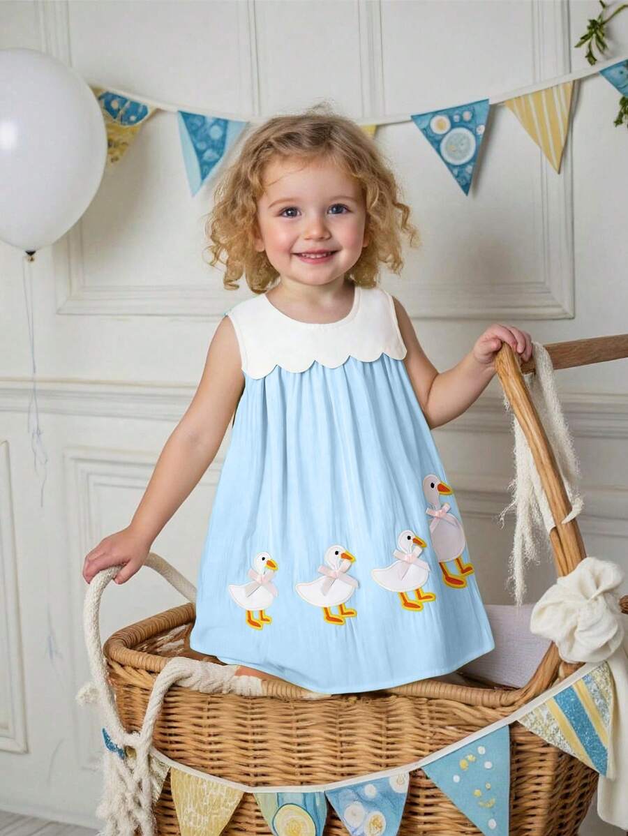 Sleeveless Long Dress with Embroidered Cartoon Duck for Toddler Girls