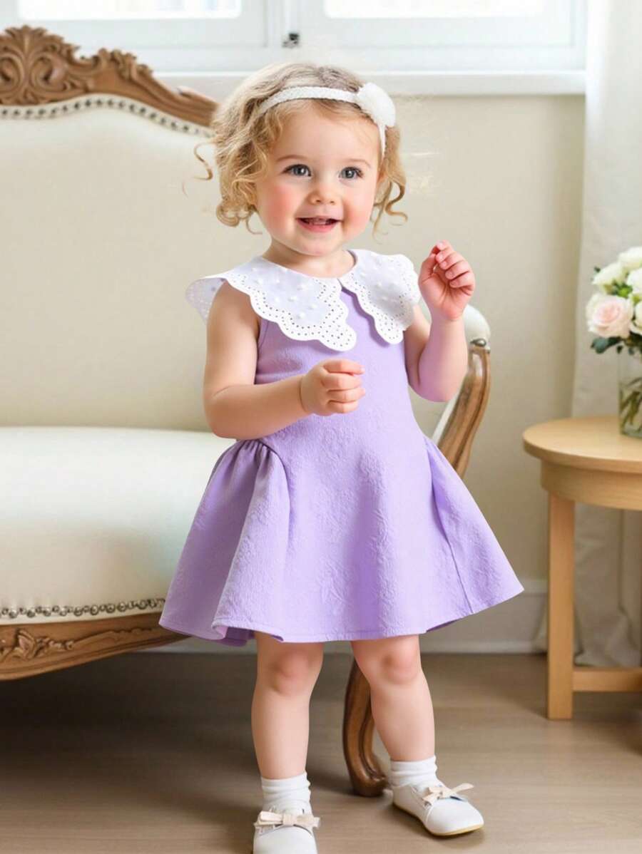 Little Girls Princess Pink Dress With Peter Pan Collar And Lace Detail