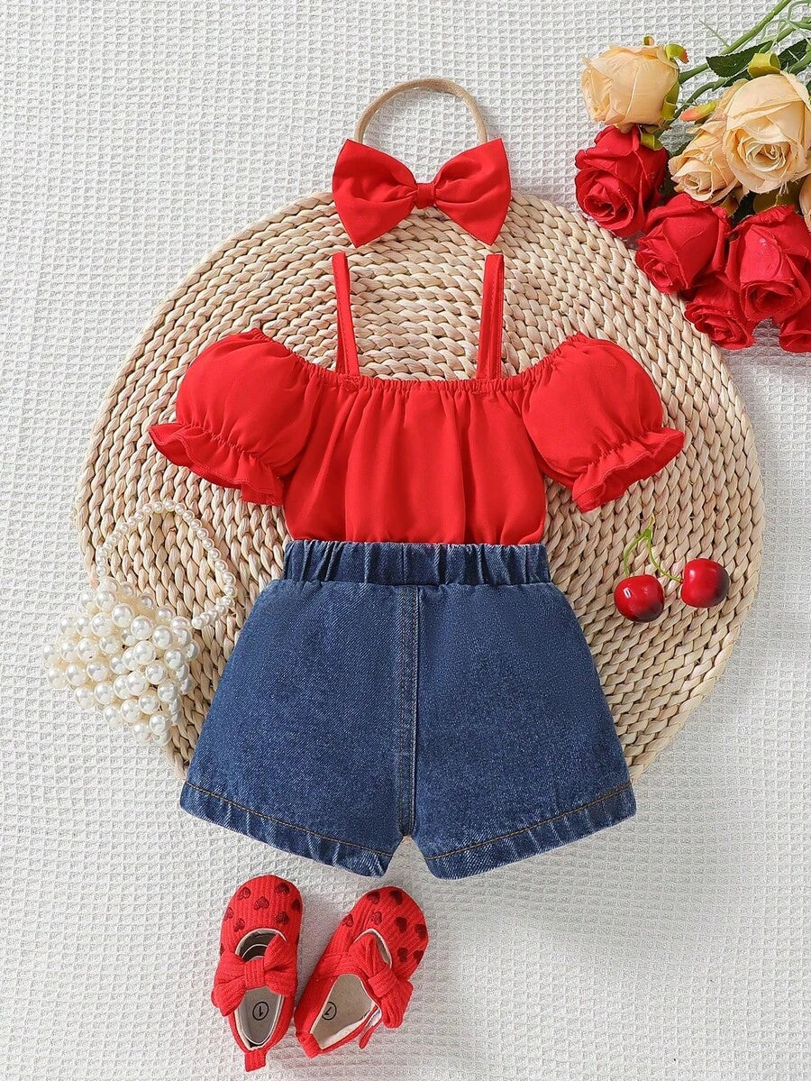 Infant Girls 2pcs Casual Denim Top & Bow Decor Jeans Set