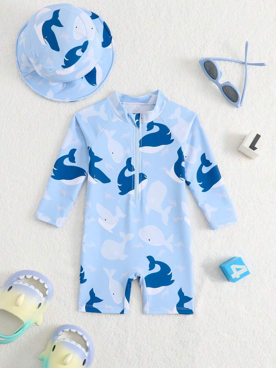 Baby Shark & Whale Print Long Sleeve Zipper Rash Guard Swimsuit with Matching Hat