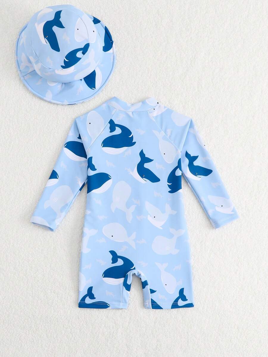 Baby Shark & Whale Print Long Sleeve Zipper Rash Guard Swimsuit with Matching Hat