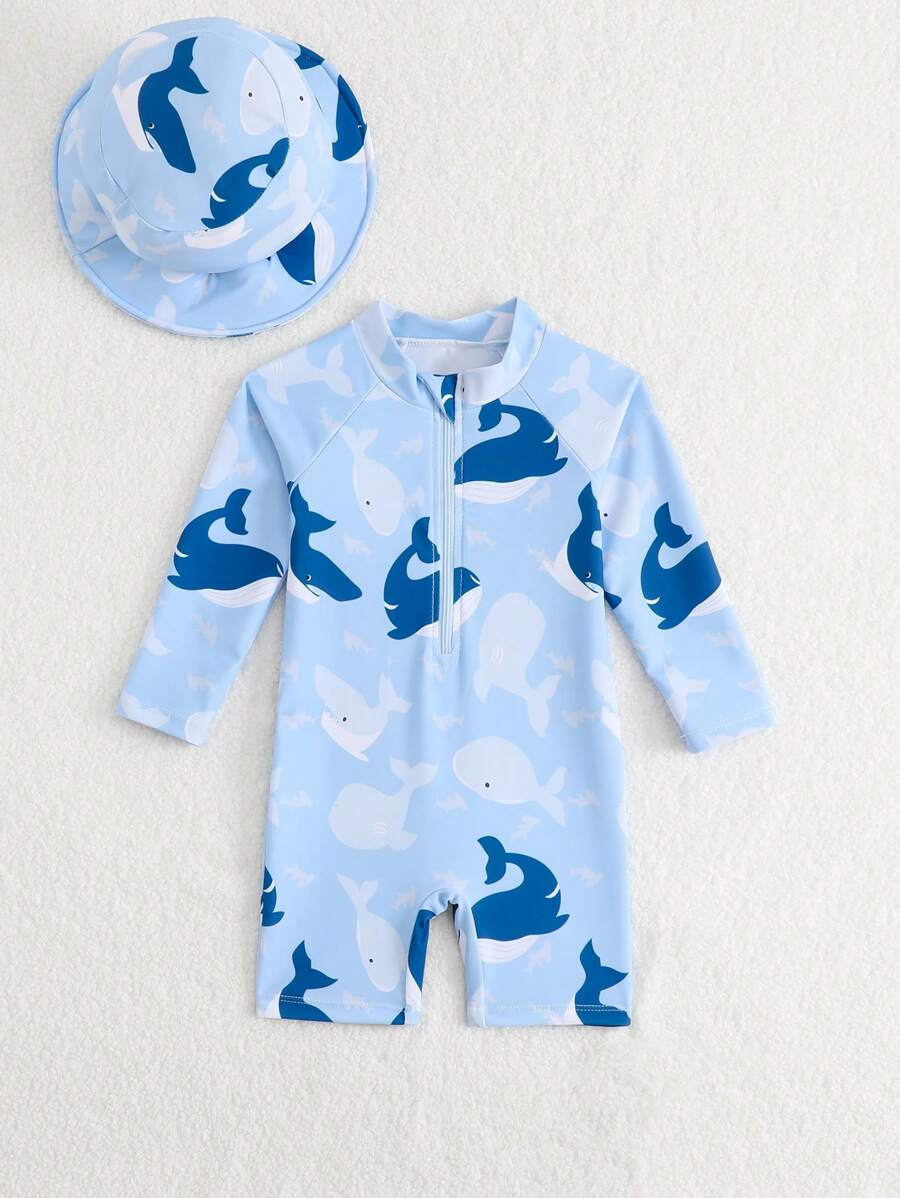 Baby Shark & Whale Print Long Sleeve Zipper Rash Guard Swimsuit with Matching Hat