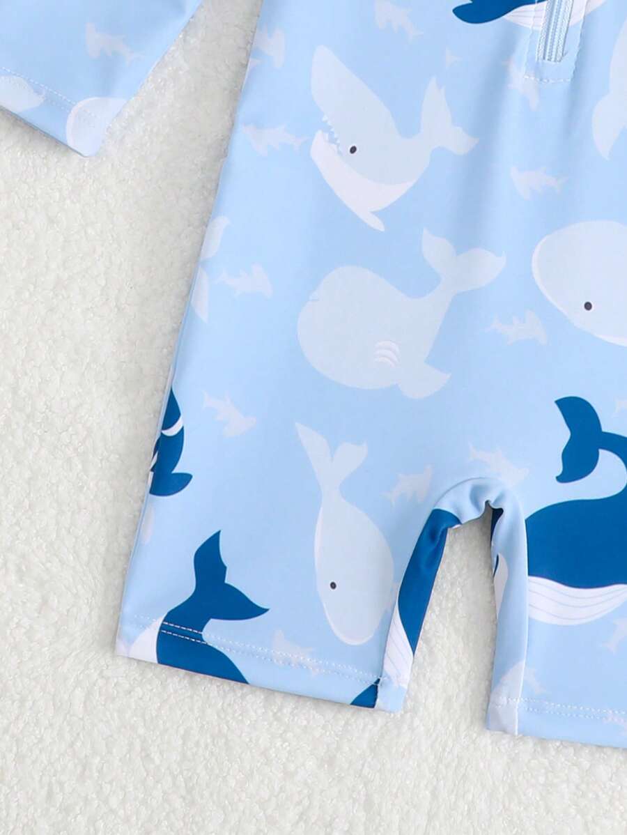 Baby Shark & Whale Print Long Sleeve Zipper Rash Guard Swimsuit with Matching Hat
