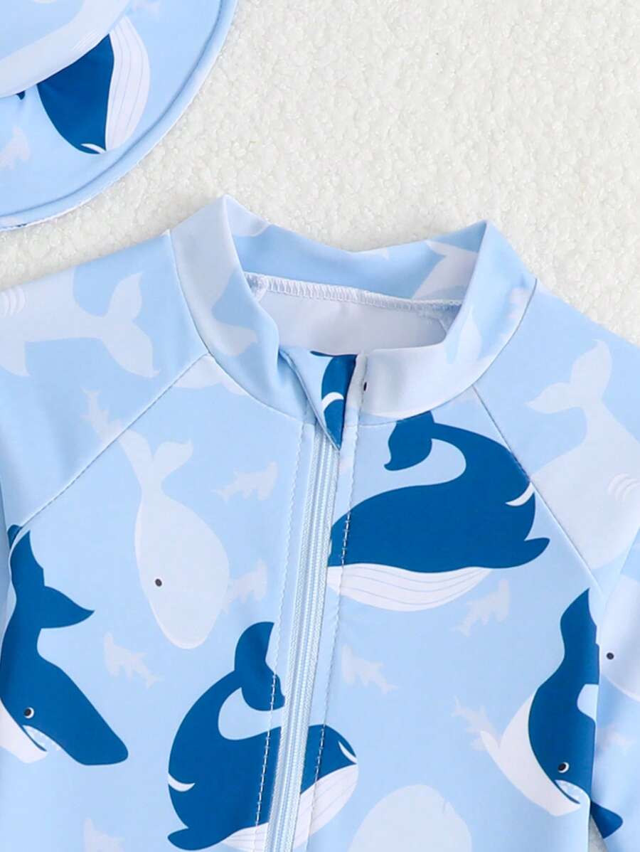 Baby Shark & Whale Print Long Sleeve Zipper Rash Guard Swimsuit with Matching Hat