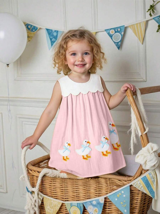 Sleeveless Long Dress with Embroidered Cartoon Duck for Toddler Girls
